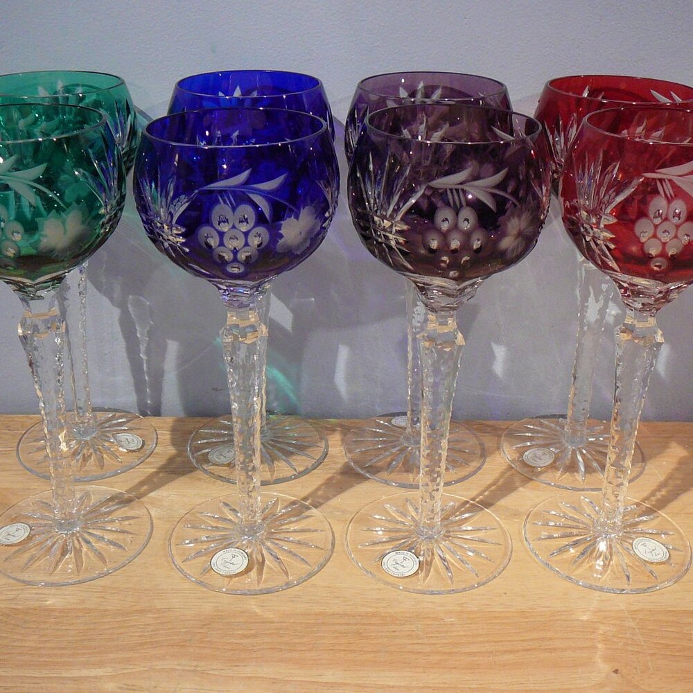 8  Ajka "Marsala" pattern Cut-to-Cear Crystal Wine Glasses Hungary